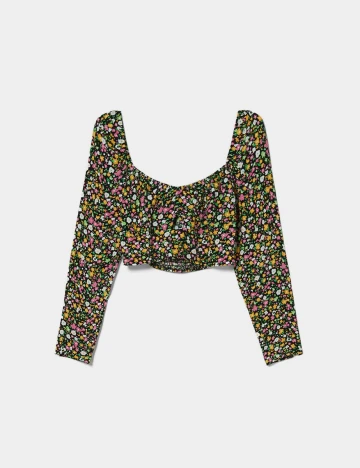 Top Bershka, negru floral Negru