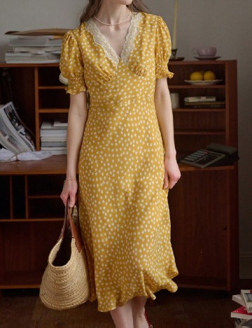 Rochie medie Simple Retro, galben