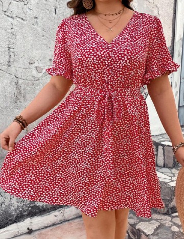 Rochie scurta SHEIN CURVE, alb/rosu