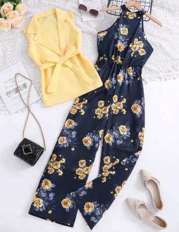 Salopeta Shein Kids, galben/bleumarin
