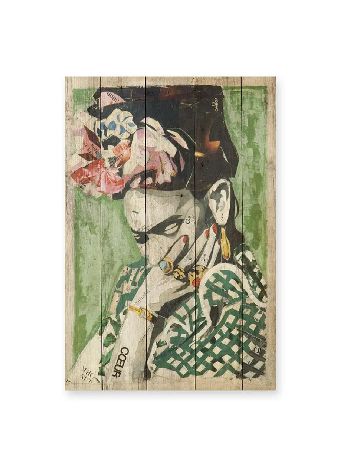 Tablou din lemn de pin imprimat Frida Coeur, mix culori