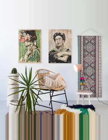 Tablou din lemn de pin imprimat Frida Coeur, mix culori